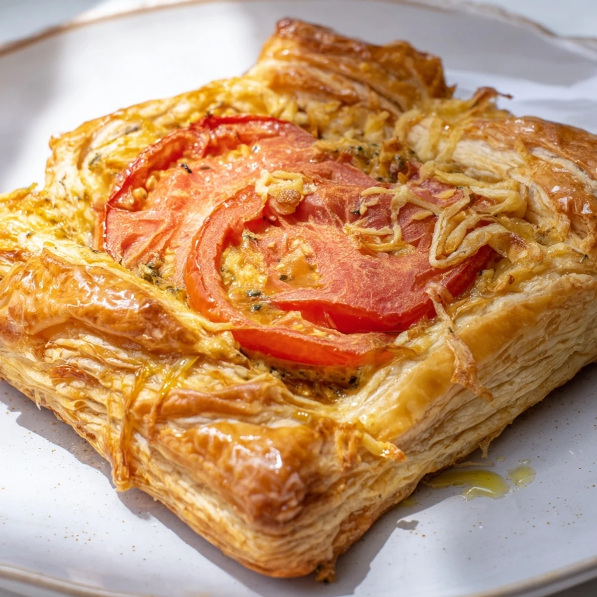 Petits paquets croustillants de galette aux tomates, fromage fondant et basilic frais.