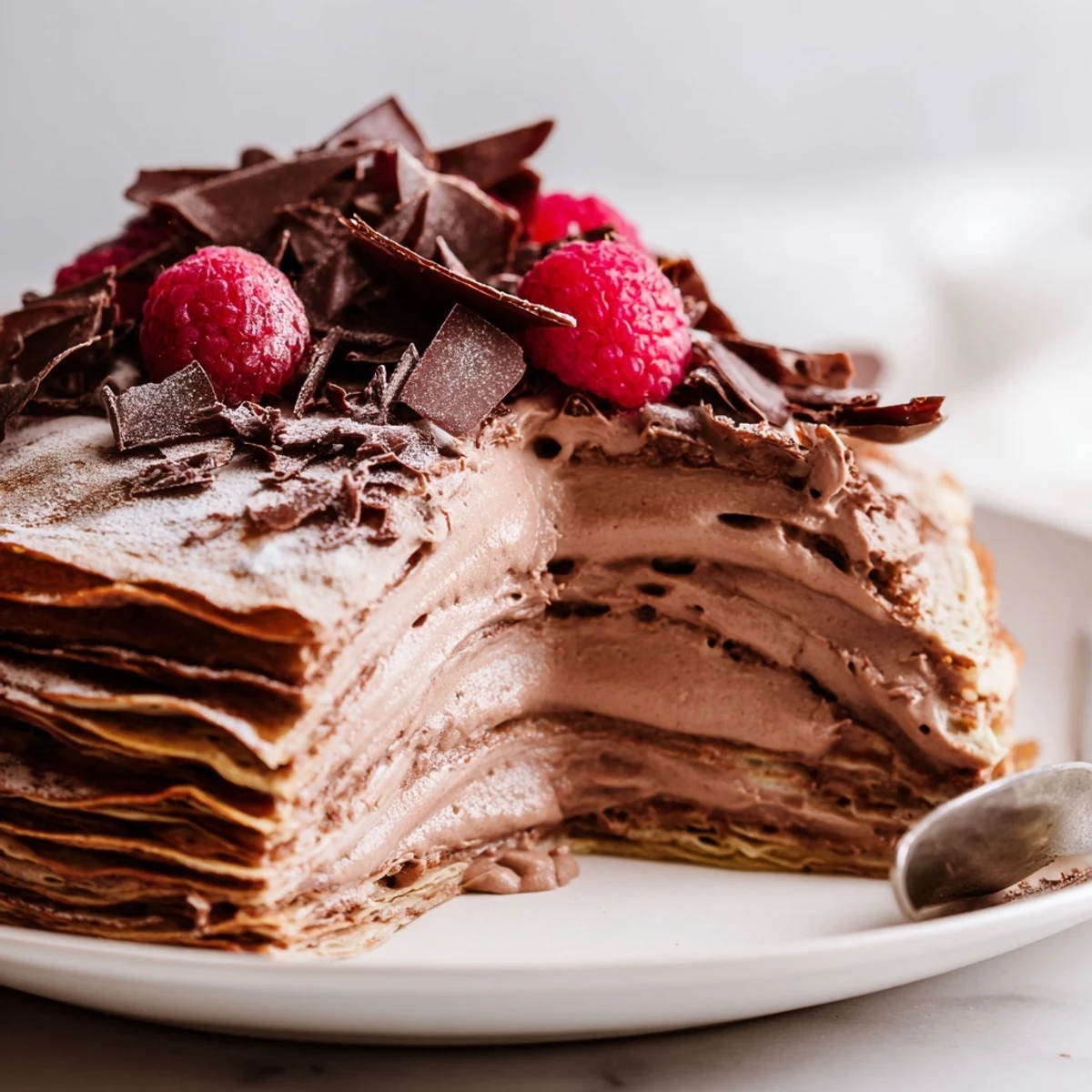 Un dessert impressionnant : empilement de crêpes et de mousse au chocolat gourmande.