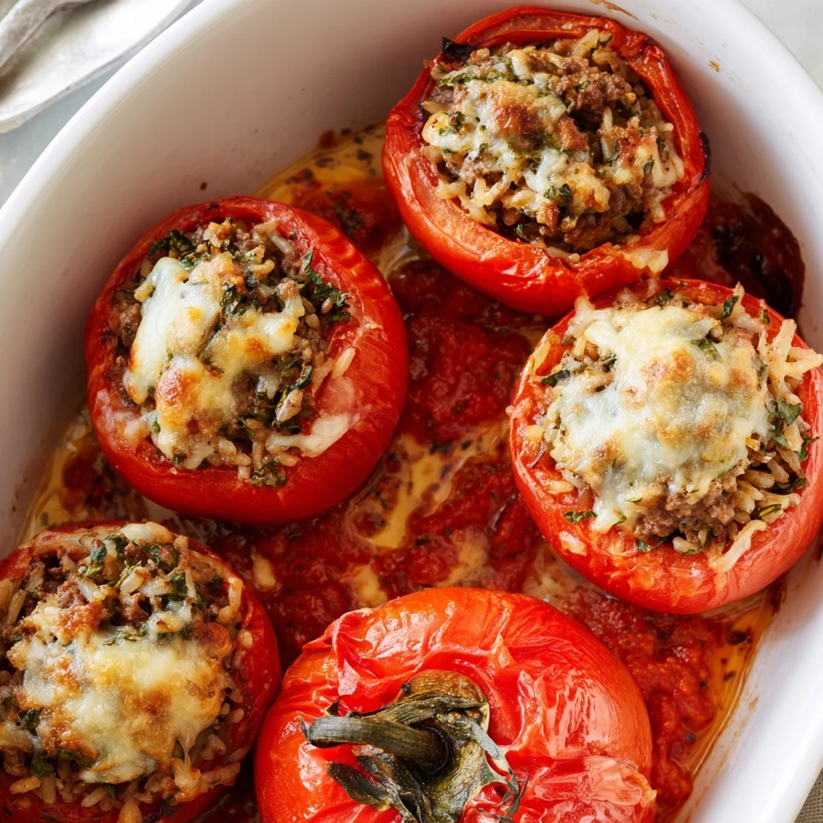 Tomates juteuses farcies de viande, cuites dans une sauce tomate riche et savoureuse.  