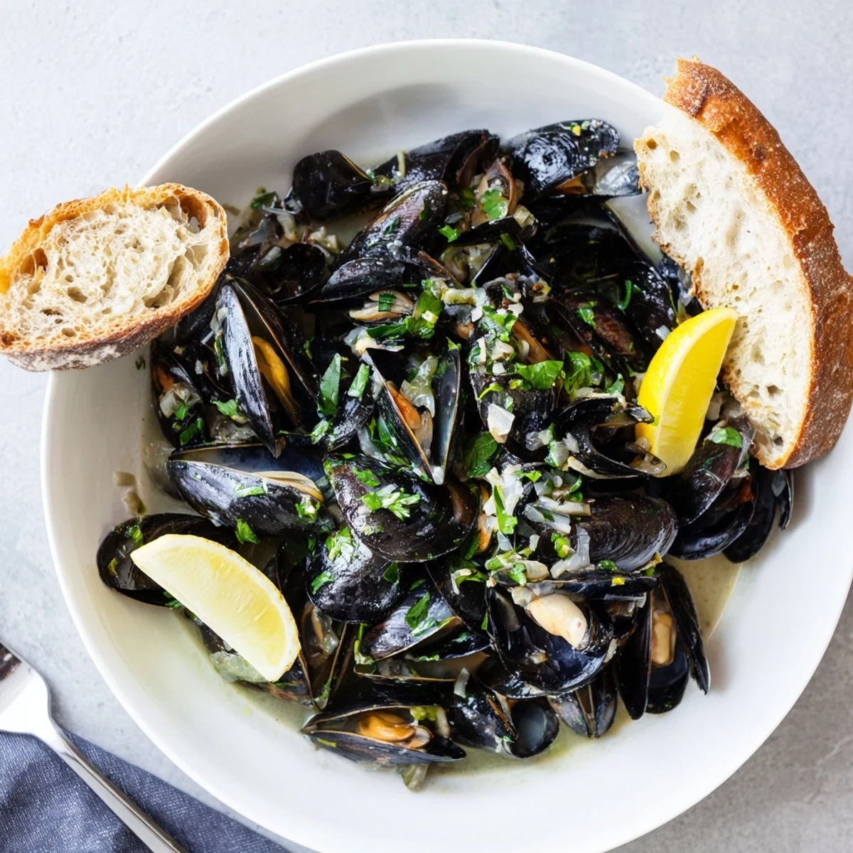 Moules Marinières à la vapeur, assaisonnées d'herbes fraîches et agrémentées de citron.