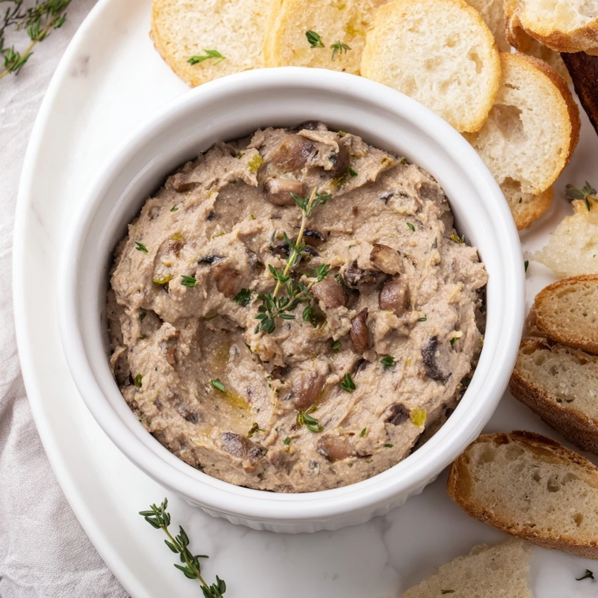 Pâté de champignons crémeux servi avec des tranches de baguette dorées et croustillantes.  