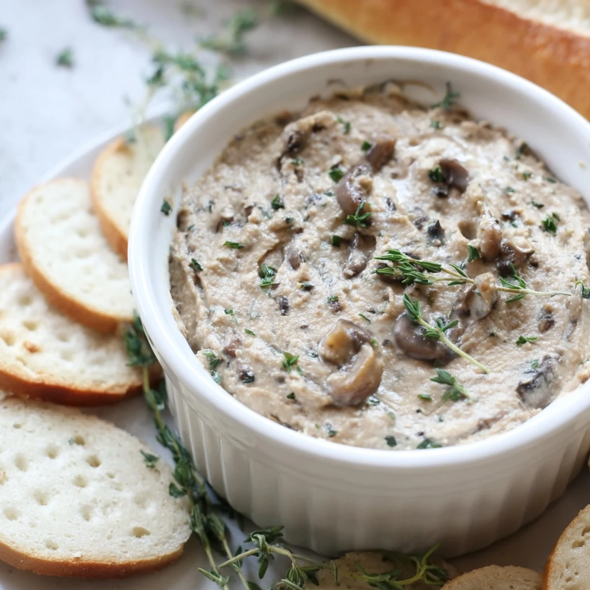 Savoureux pâté de champignons fait maison, idéal à tartiner sur des crackers croustillants.  