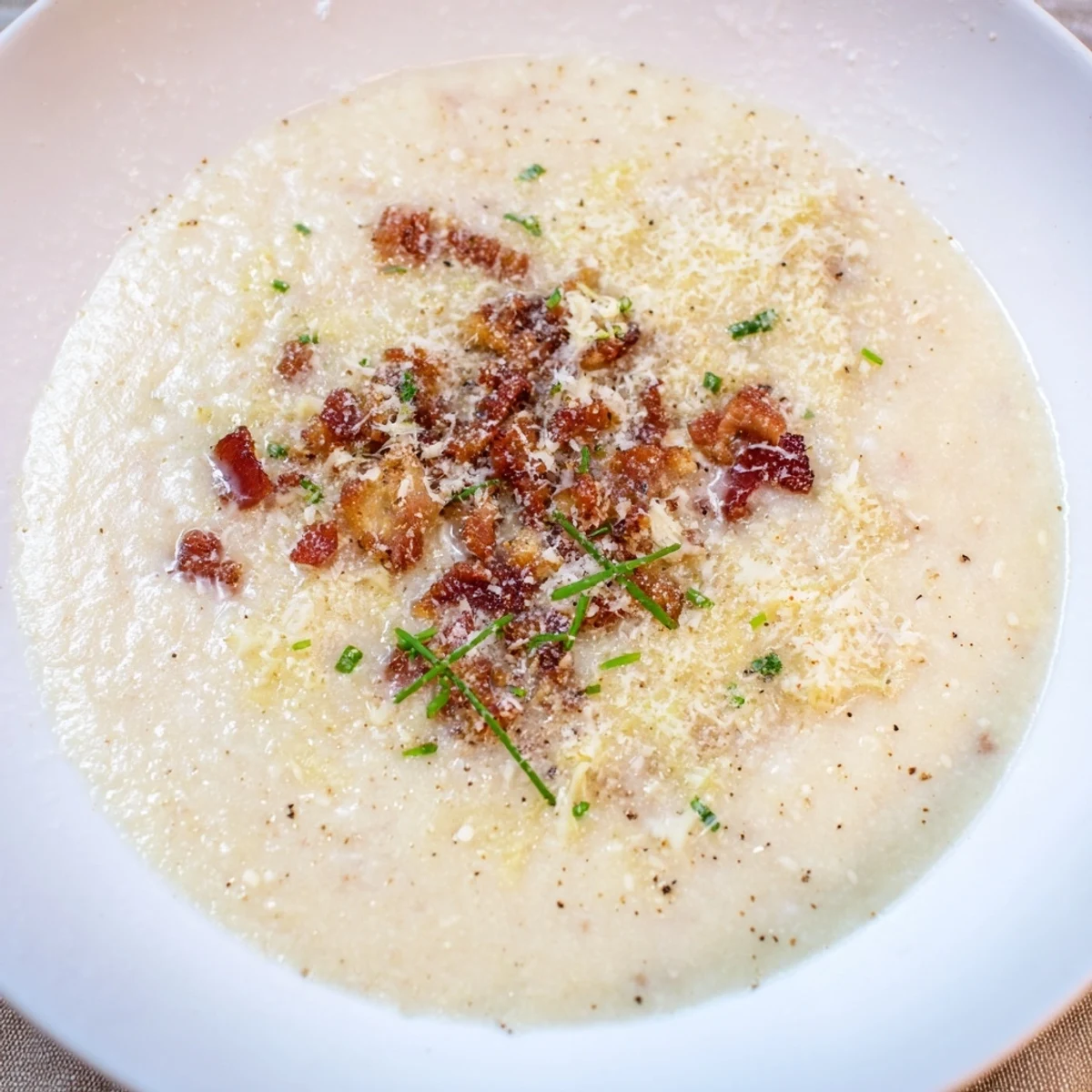 Soupe crémeuse au parmesan avec bacon croustillant, servie dans un bol chaud.  