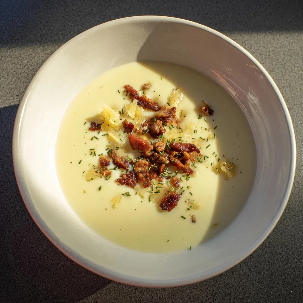 Soupe au parmesan riche et crémeuse, décorée de bacon doré et croustillant.