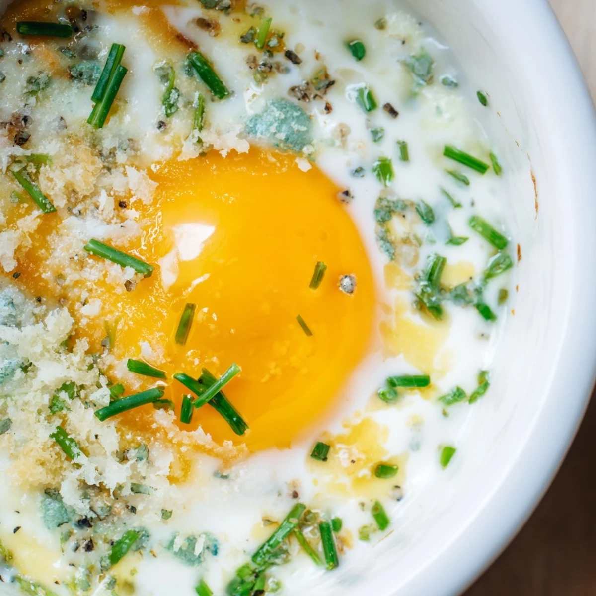 Oeufs shirred élégamment cuits, servis avec une touche de fromage fondant.