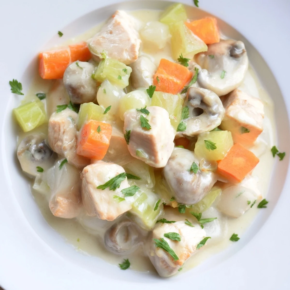 Mini Chicken Blanquette, a creamy French stew, with tender chicken and baby vegetables in view.
