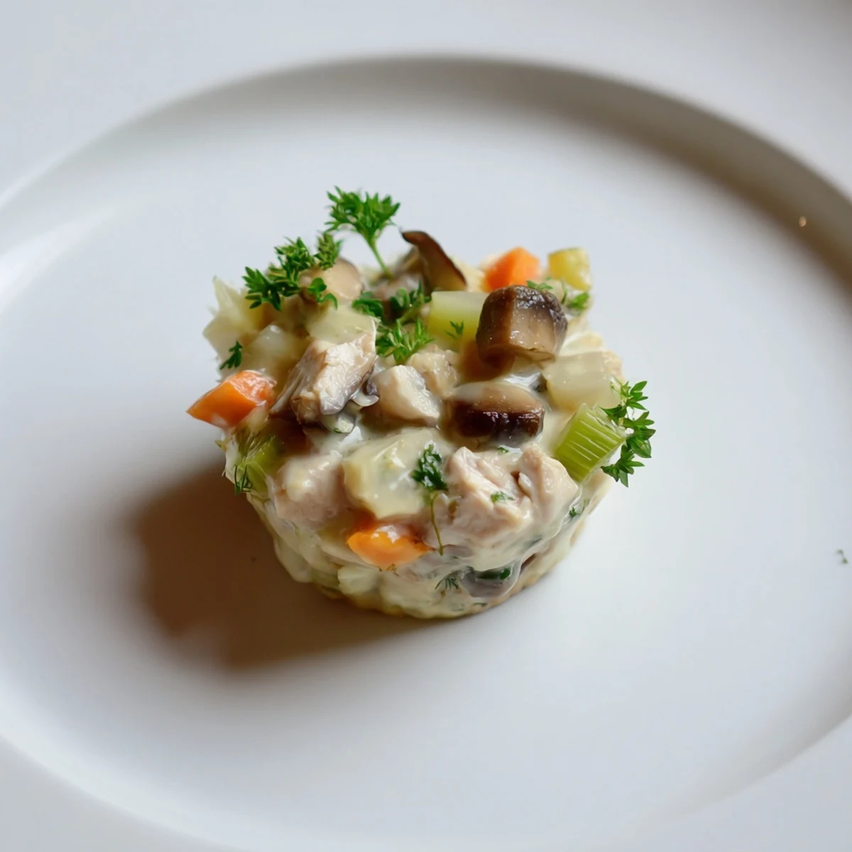 Elegant mini portions of Mini Chicken Blanquette ready to be enjoyed with flavorful sauce and herbs.