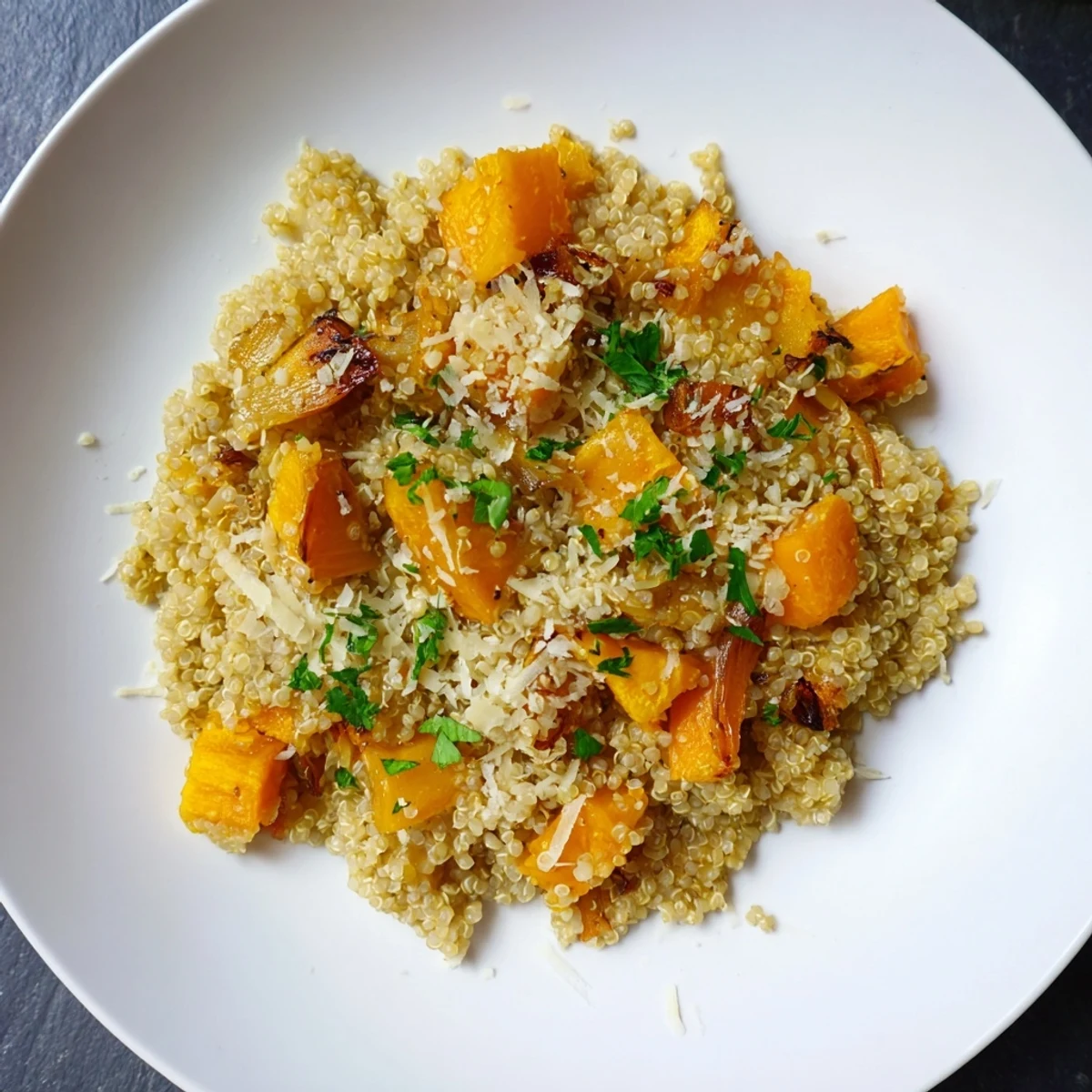 Quinoa Risotto with roasted butternut squash and leeks, served in a warm bowl, has a creamy texture.