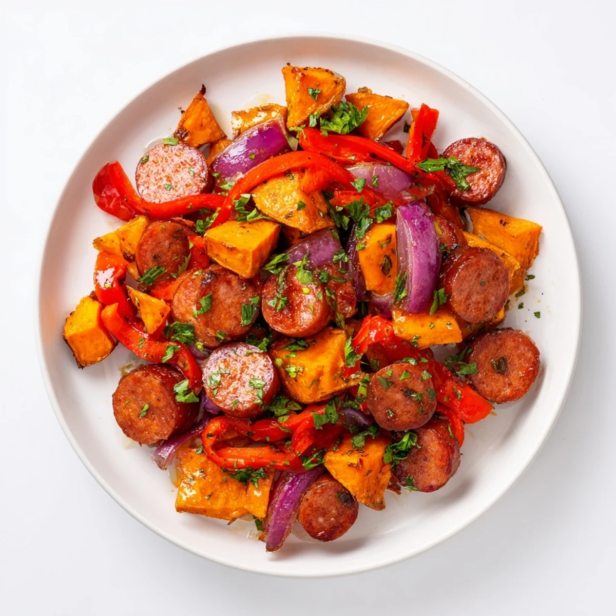 Veuillez fournir les textes ALT des images en anglais pour la recette "Chorizo & Sweet Potato Skillet with Golden Garlic".