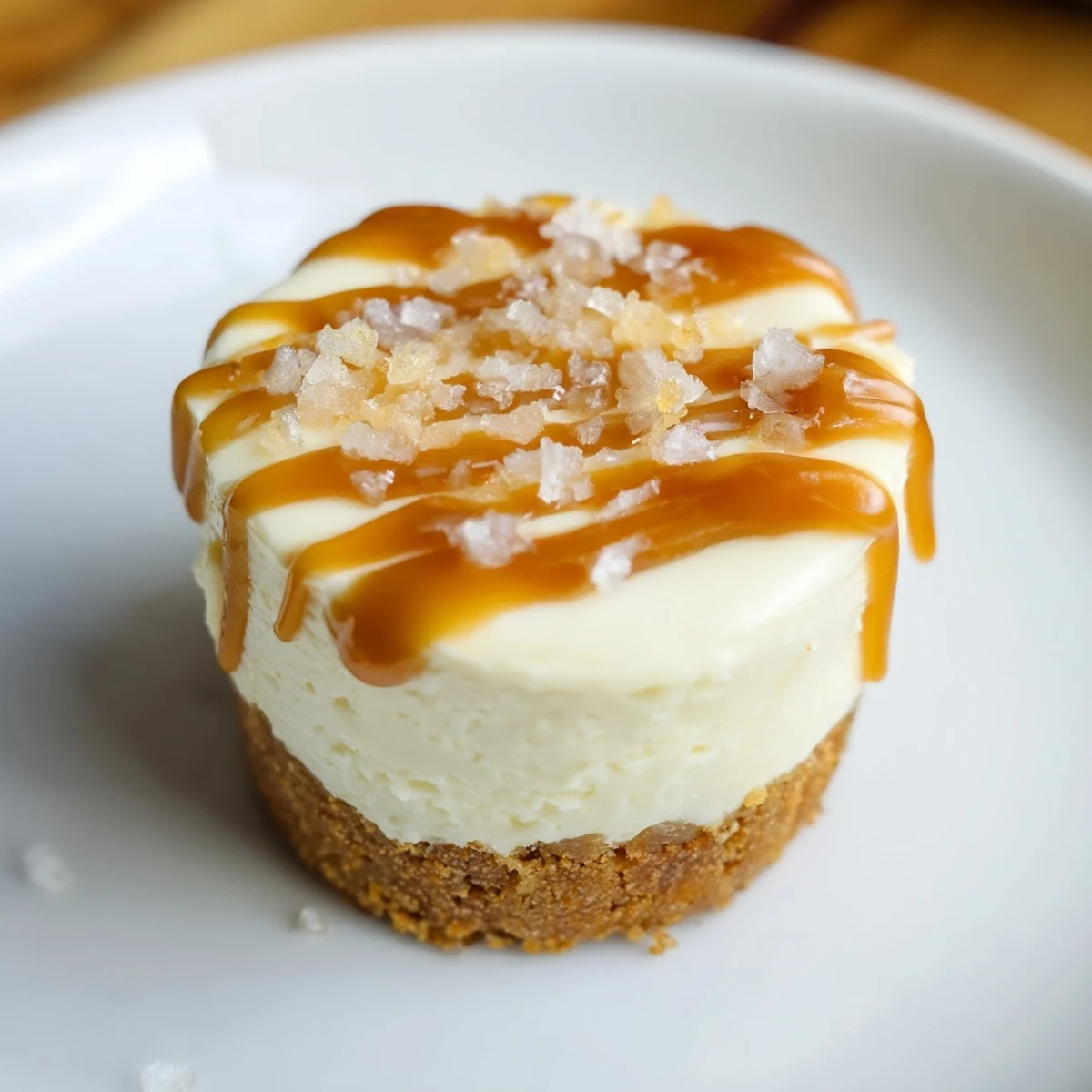 Mini Salted Caramel Cheesecakes with glistening caramel, perfect for a sweet treat.