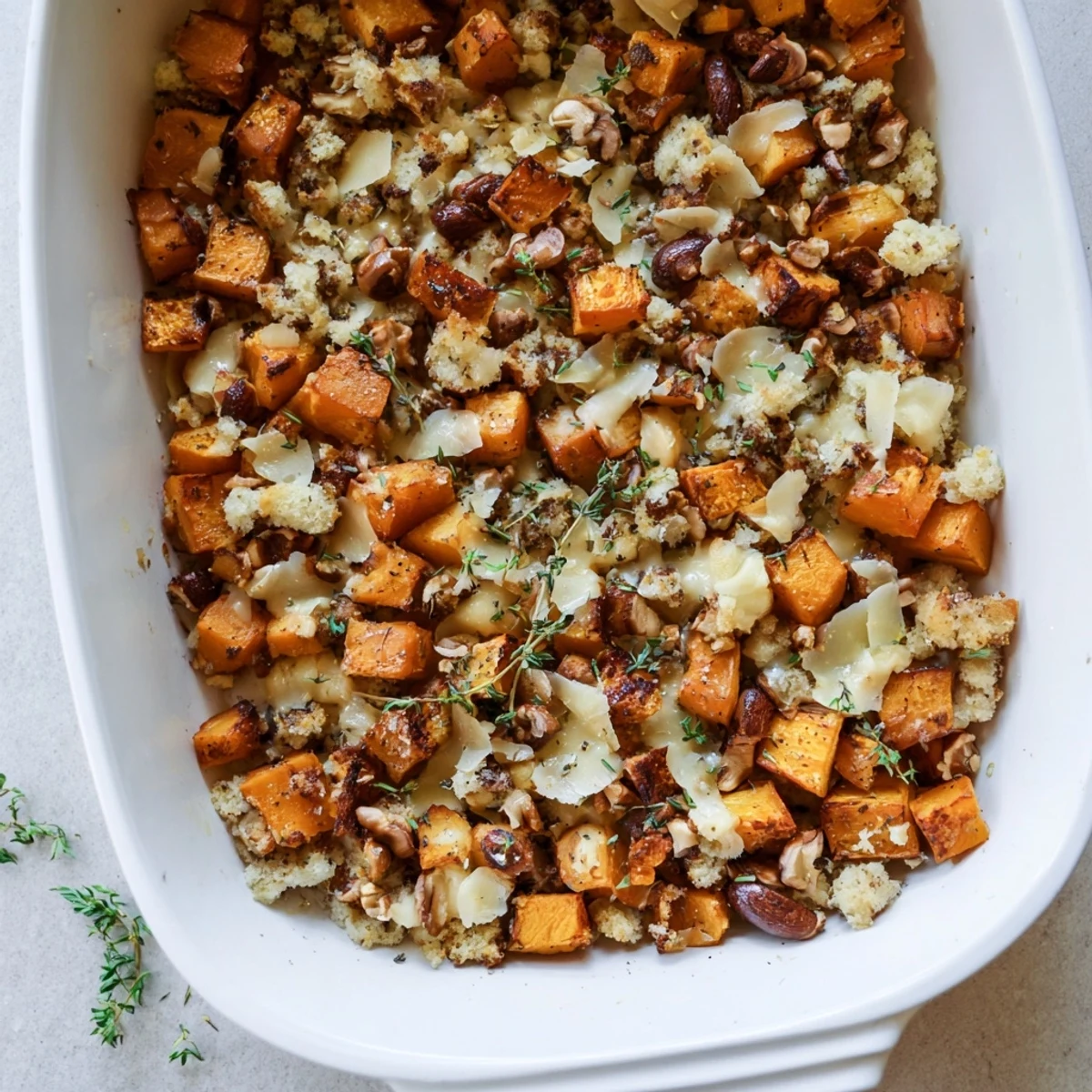 Golden-brown Butternut Squash and Roasted Chestnut Gratin bubbling hot, a delightful vegetarian main.