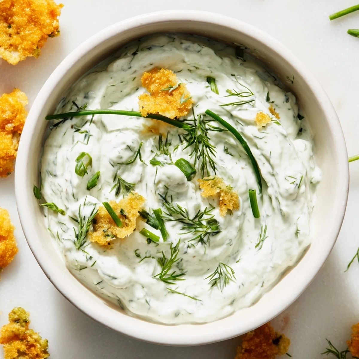 Image of the spicy fried pickle & fresh dill dip, garnished with fresh herbs and crunchy pickles.