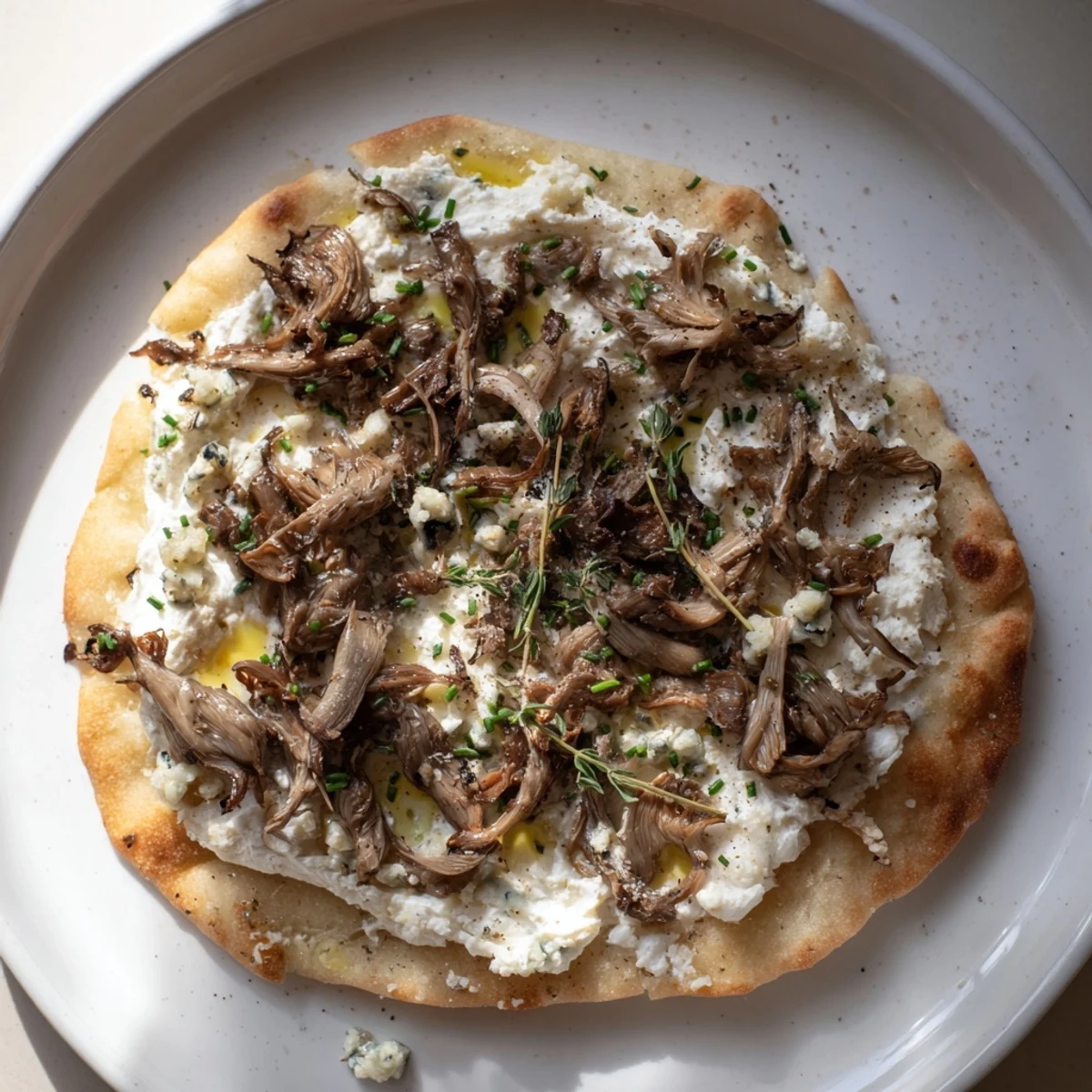 A close-up of a rustic Tarte Flambée showing golden crust, creamy cheese, and flavorful toppings.