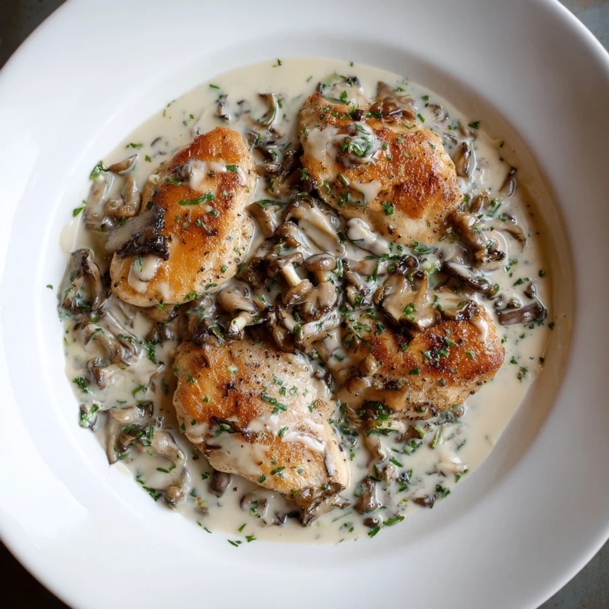 Tender Poulet à la Crème, showcasing golden chicken in a pan with mushrooms and fresh herbs.