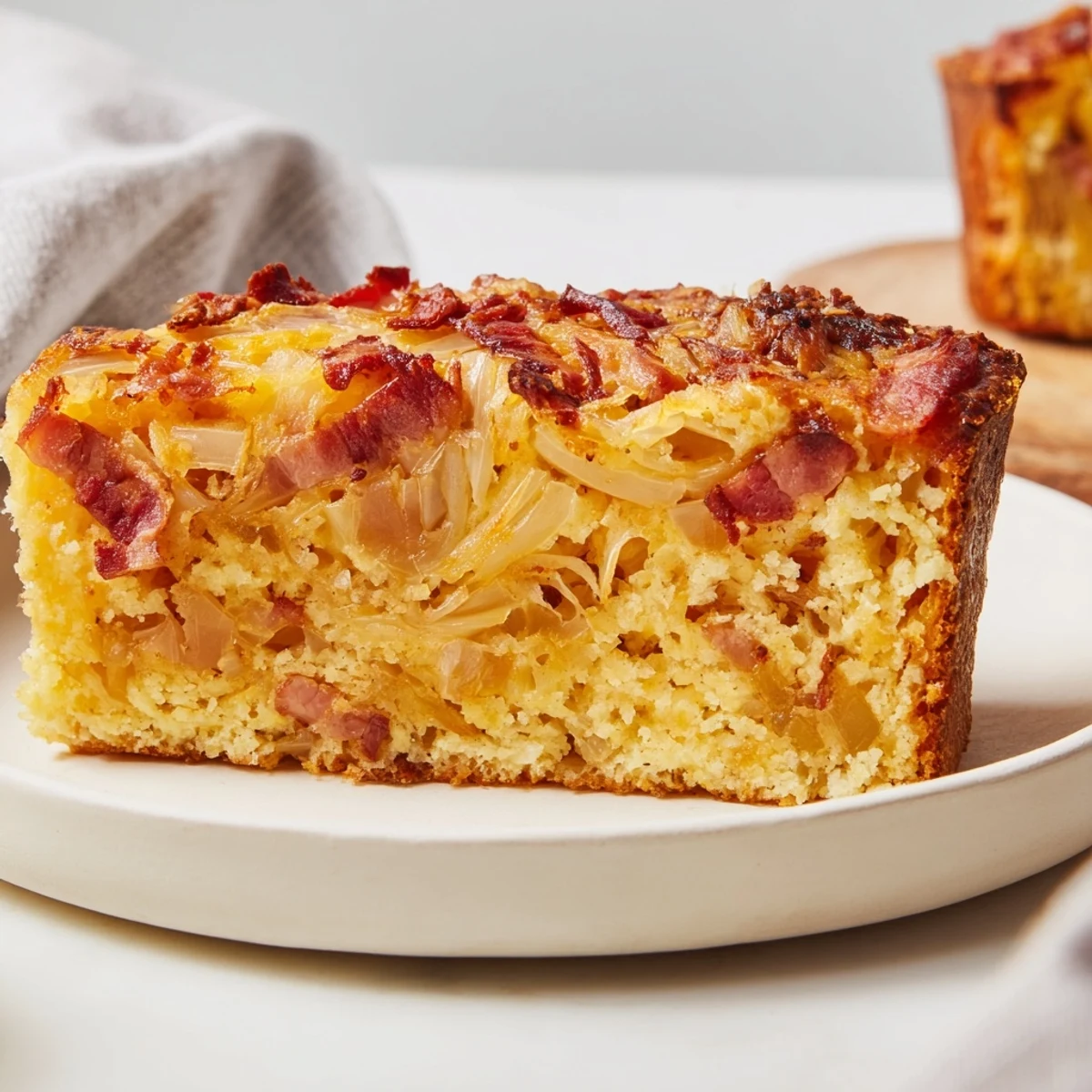 A close-up of a warm Caramelized Onion and Crispy Bacon Savory Cake slice, moist and flavorful.