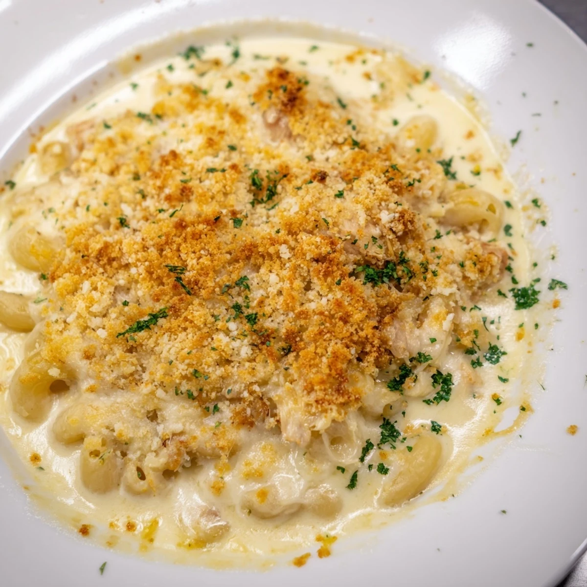 Golden brown Duck Confit and Crispy Emmental Macaroni Gratin, bubbling and ready to serve for four.