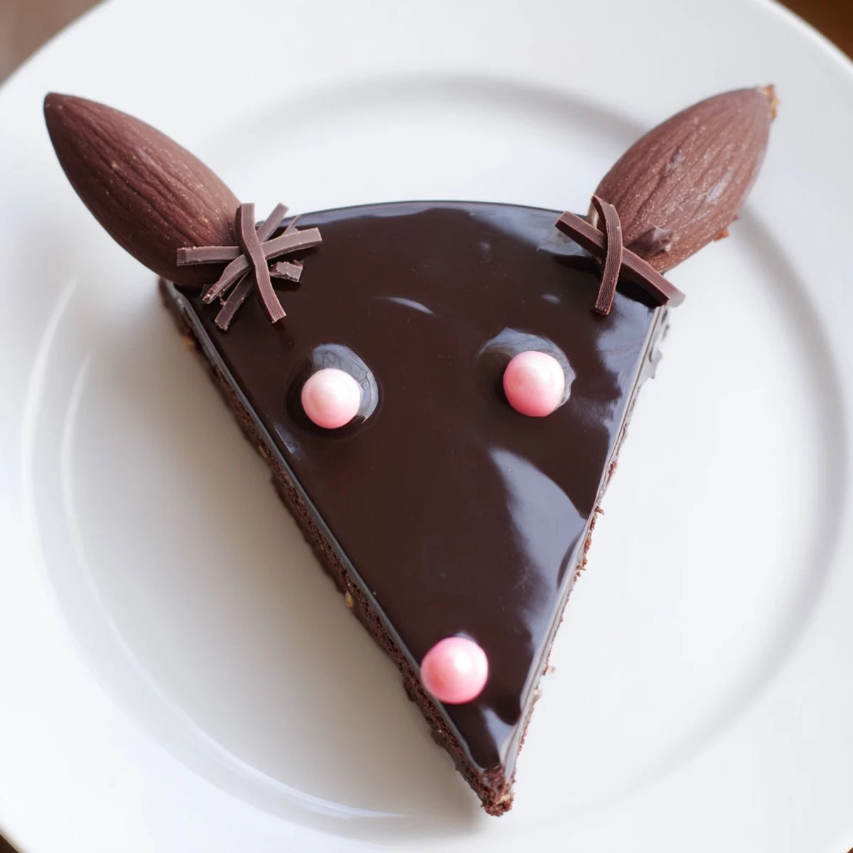 Gâteau Rat Rigolo au Chocolat Chaotique: A slice of whimsical chocolate cake, decorated with a playful rat face.