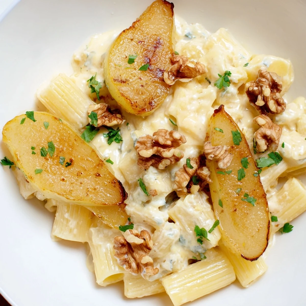 Creamy Rococo Pasta with Gorgonzola, caramelized pears, and walnuts, ready to savor.