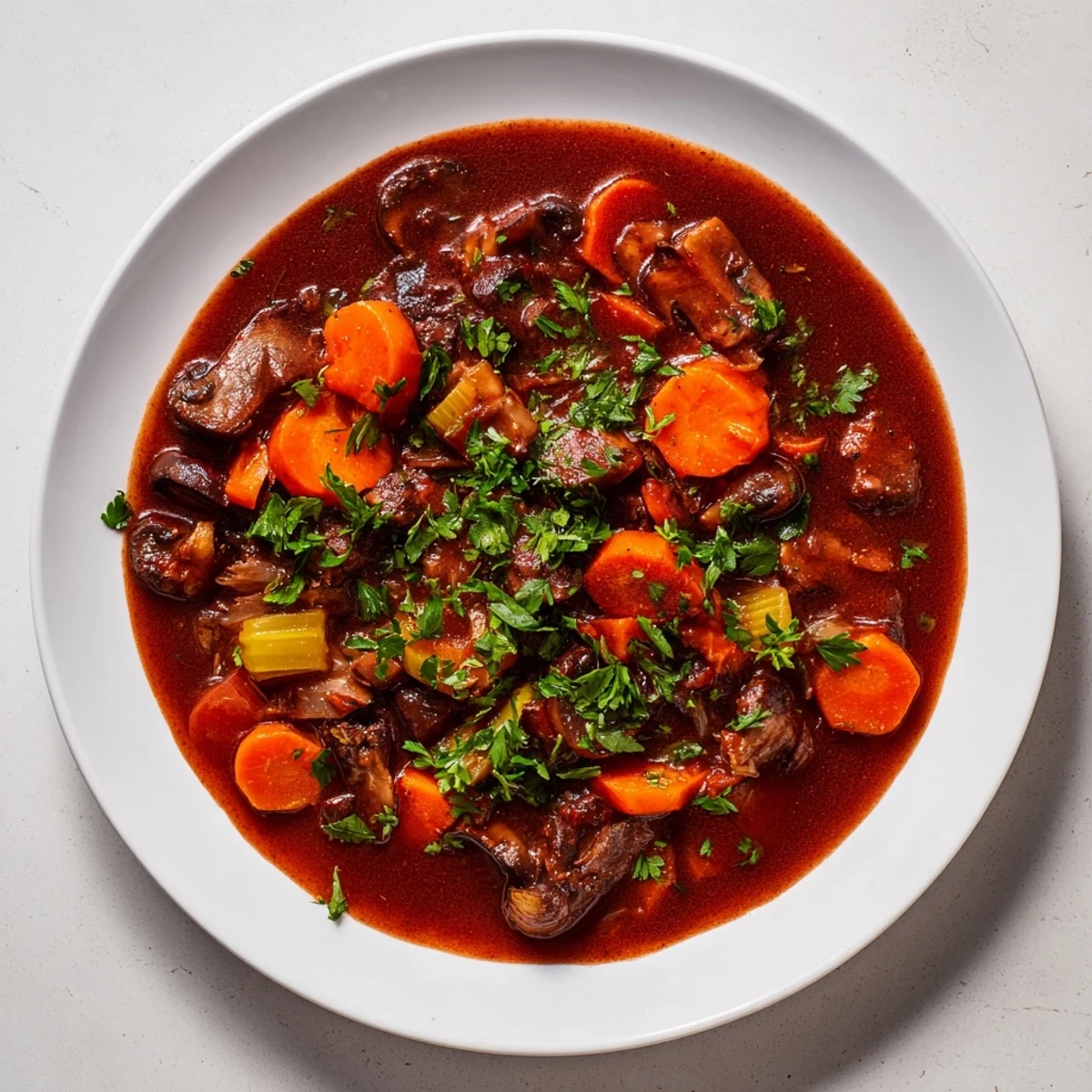 Hearty Mushroom Bourguignon with rich, savory broth and tender mushrooms, perfect for a cozy dinner.