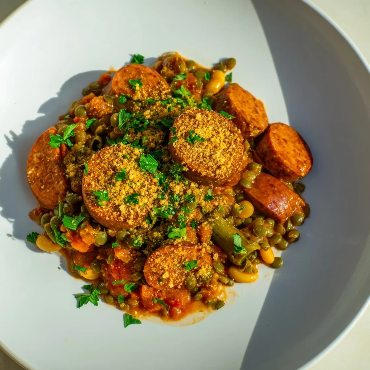 Hearty, rich Vegan Cassoulet with browned vegan sausage topping, offering a taste of French comfort food.