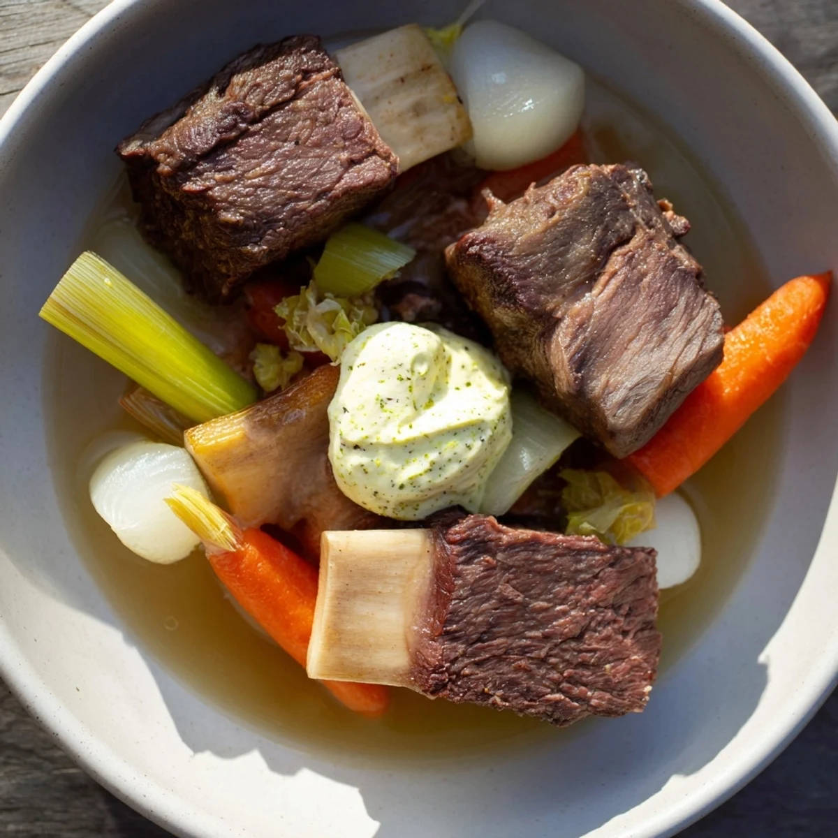 A comforting bowl of Pot-au-Feu, featuring succulent beef, flavorful broth, and fresh, colorful vegetables.