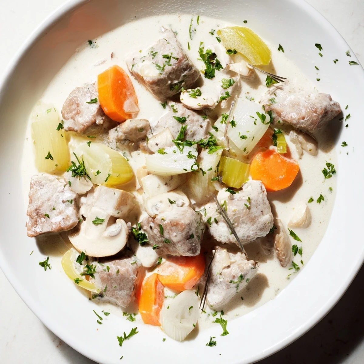 Aromatic Blanquette de Veau simmering, featuring veal, vegetables, and fragrant kaffir leaves in broth.