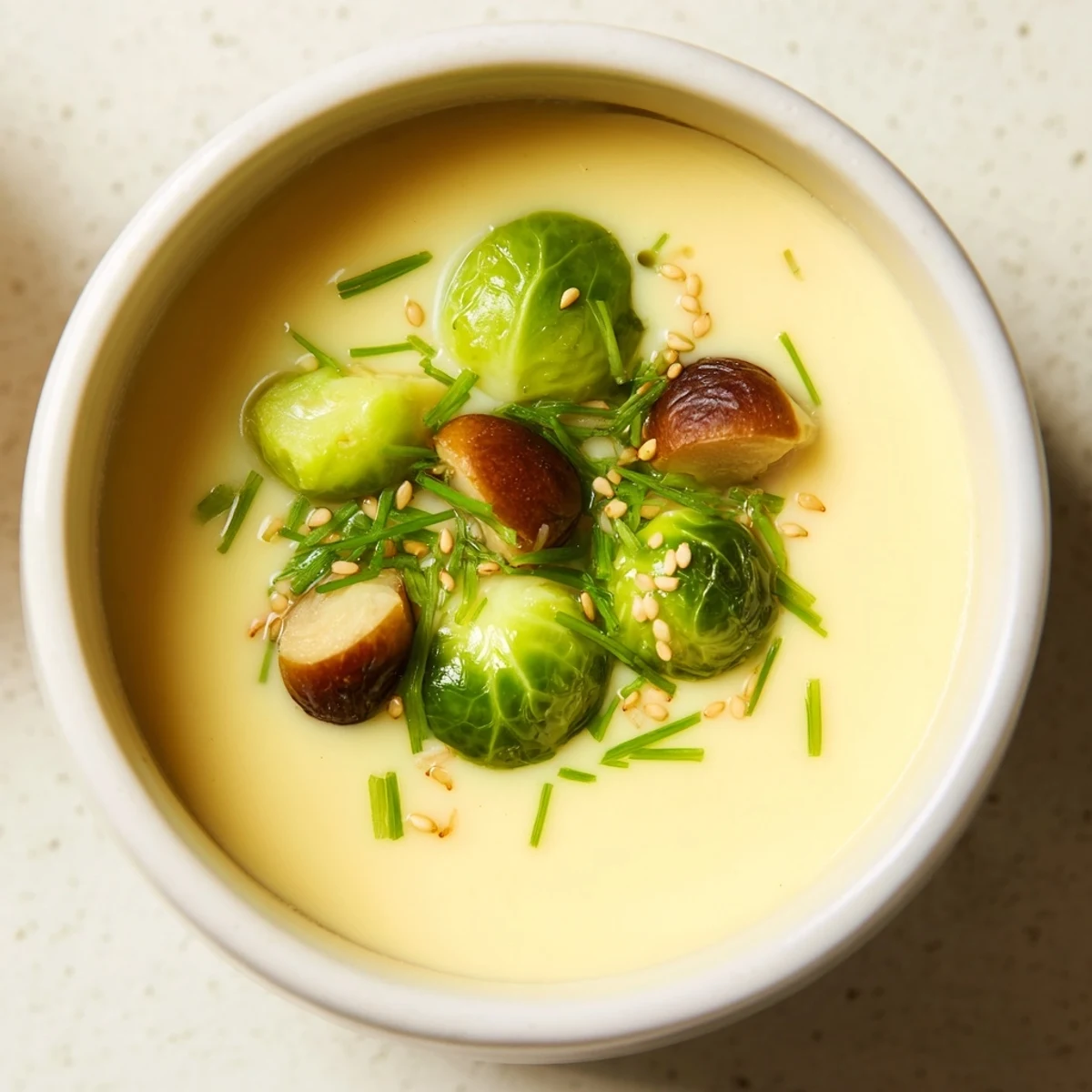Steamy, flavorful Brussels Sprouts and Chestnut Chawanmushi: a glimpse of the delicate, savory custard.