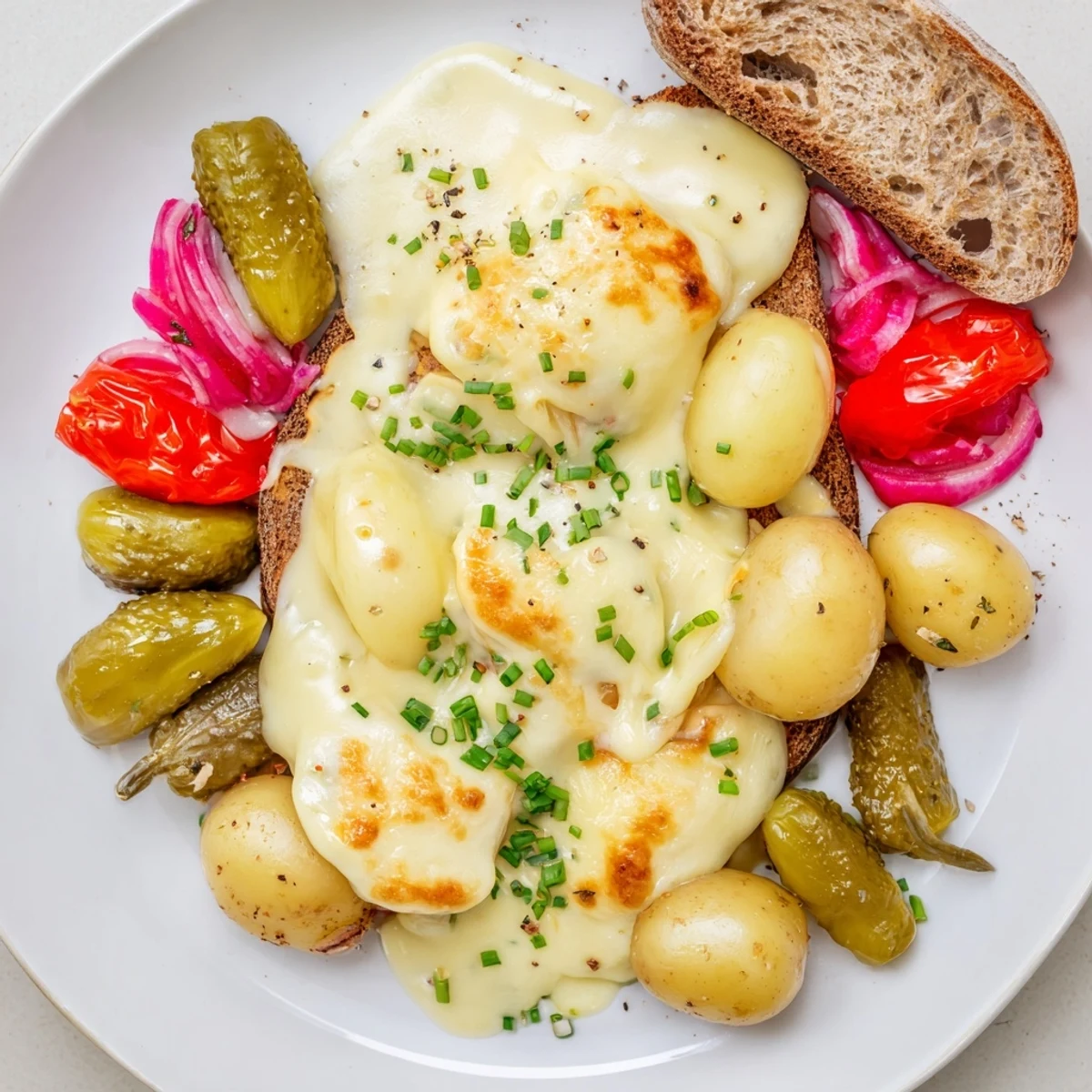 A Raclette Board overflowing with molten cheese, global pickles, cured meats, and crusty bread.