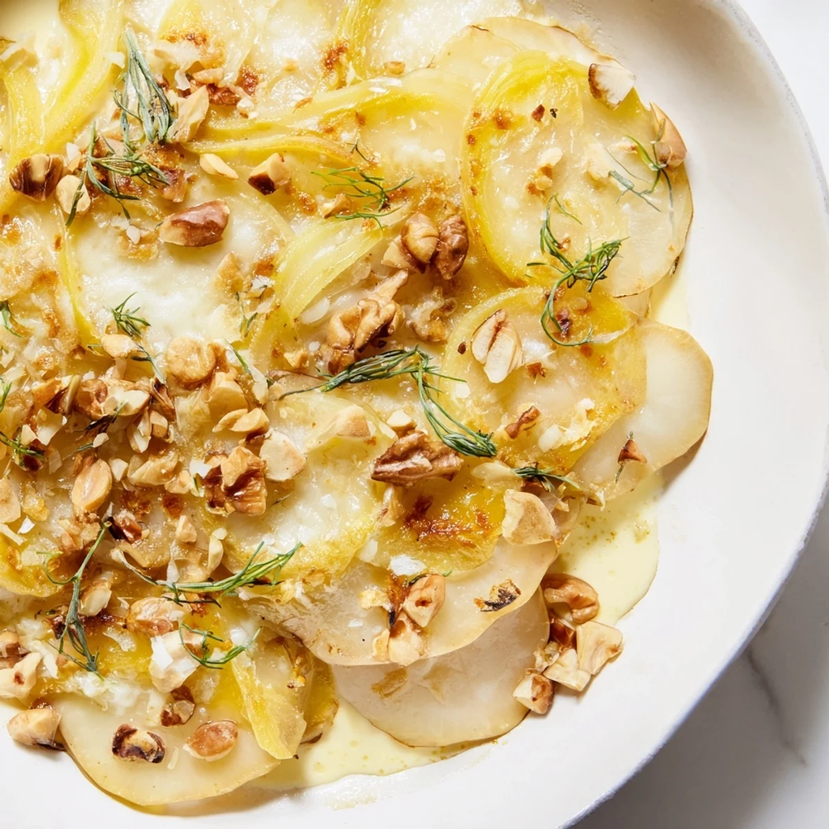 Golden, bubbly Sunchoke Gratin with hazelnuts, tarragon, and Gruyère—a comforting and delicious side dish.