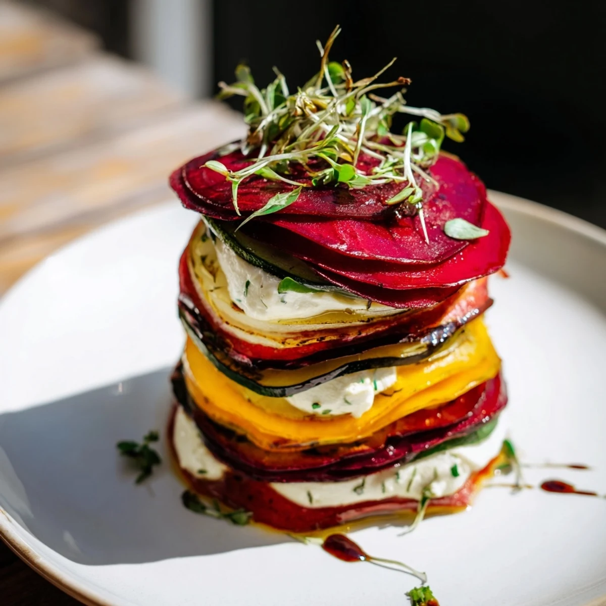 Vegetable Mille-Feuille with Goat Cheese and Beetroot, a colorful layered dish ready to be enjoyed.