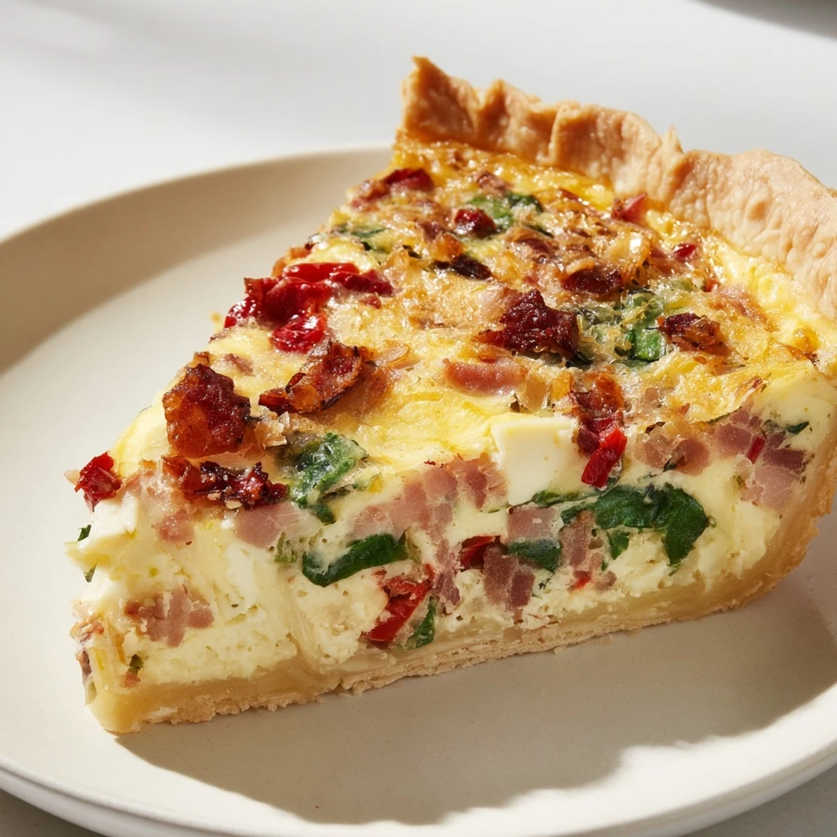 A golden, baked Quiche Lorraine Remix, with visible sun-dried tomatoes and bubbling cheese.