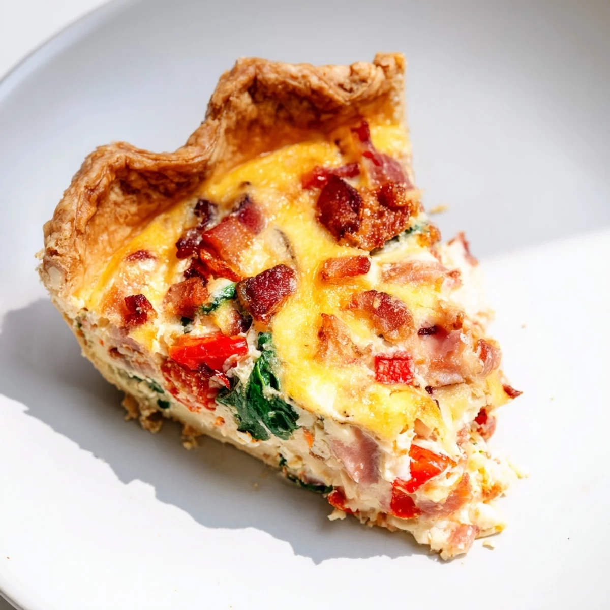 Close-up of a creamy Quiche Lorraine Remix with fresh spinach and a flaky crust, perfect for brunch.