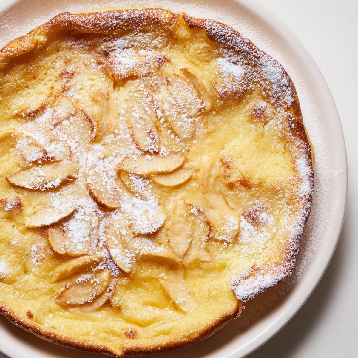 Warm, golden Apple or Pear Clafoutis, showcasing tender fruit in a creamy, baked custard.