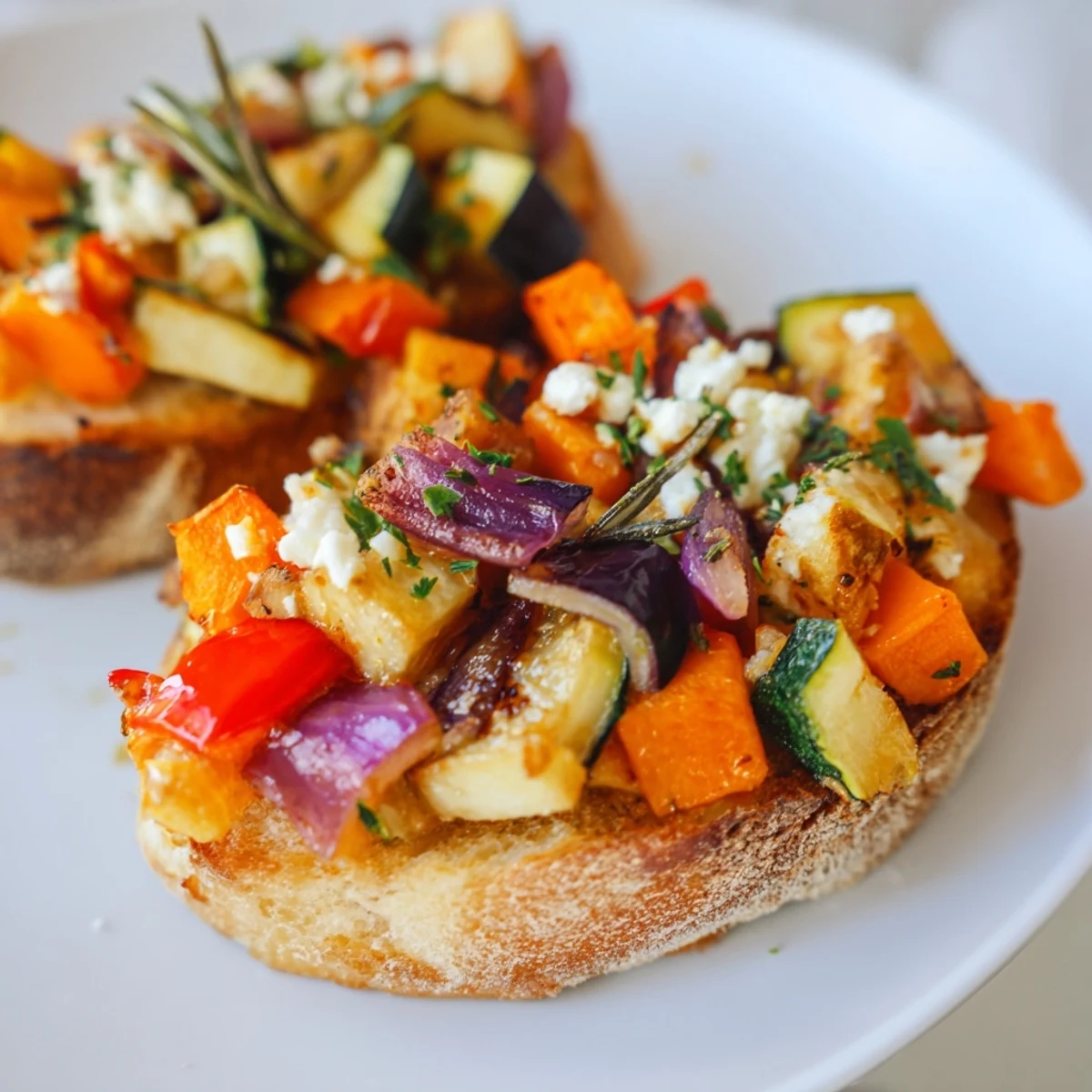 Winter Bruschetta featuring vibrant roasted vegetables on crispy, golden bread, ready to eat.