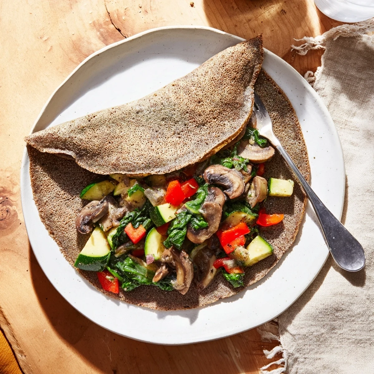 Golden-brown Simple Buckwheat Galette, brimming with tender vegetables, ready for a delicious bite.