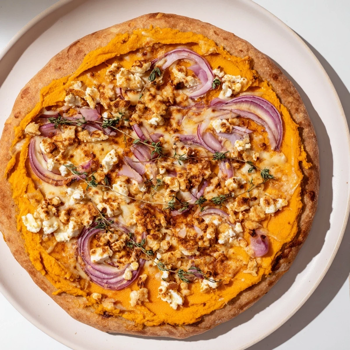 Homemade sweet potato & cheese pizza: a gorgeous, savory dish piled high with fresh toppings.