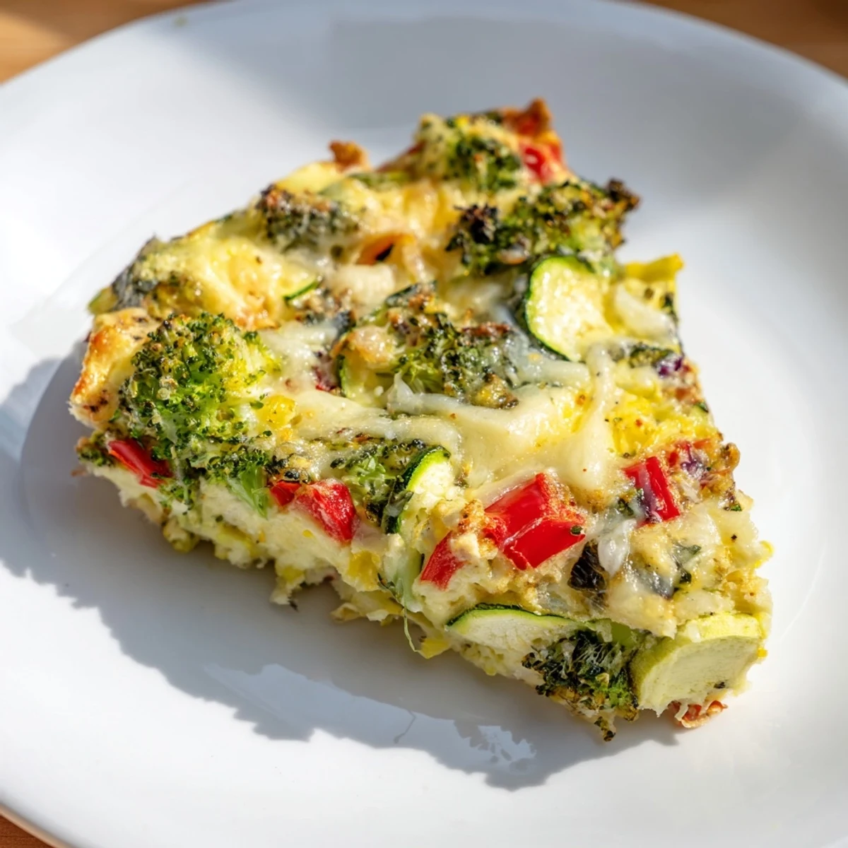 Savory crustless veggie quiche, steaming hot and fresh from the oven, served for a satisfying gluten-free dinner.