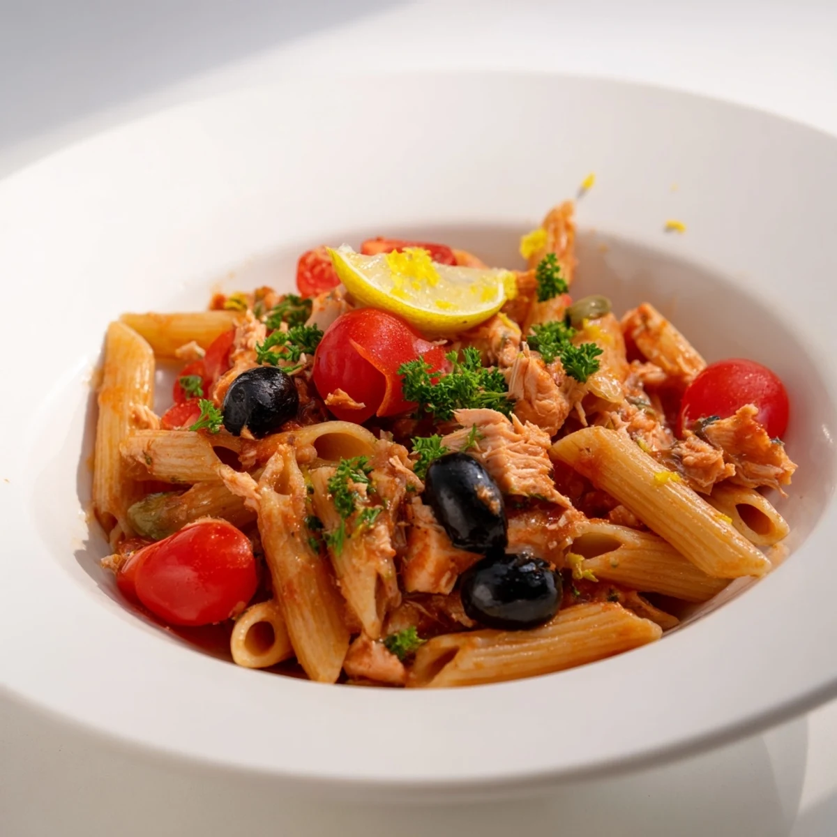 Freshly made Tuna, Olive, and Tomato Pasta, with bright red tomatoes and flaky tuna, ready to eat.
