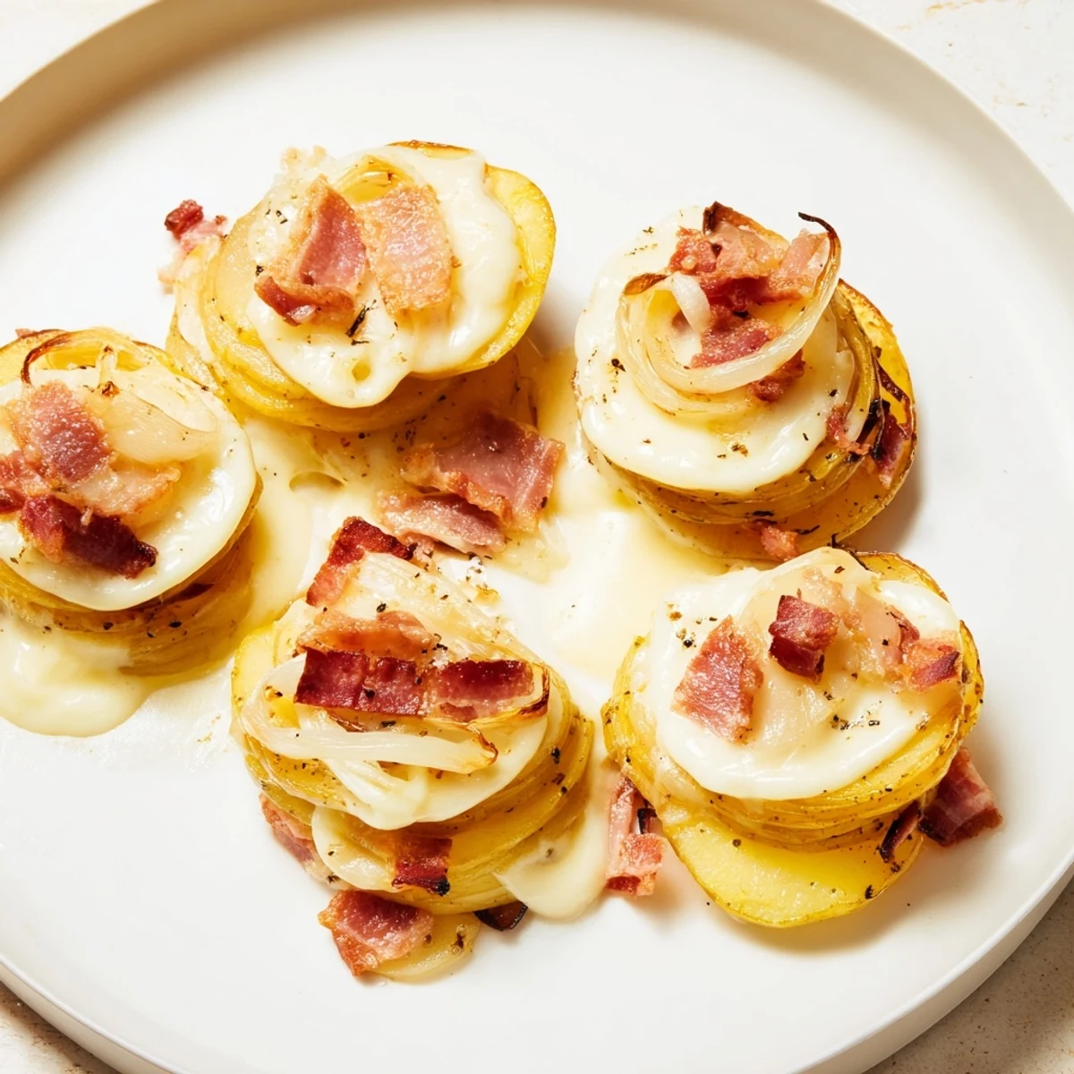 Golden-brown Simplified Tartiflette: a close-up of potatoes, lardons, and cheese, ready to serve.