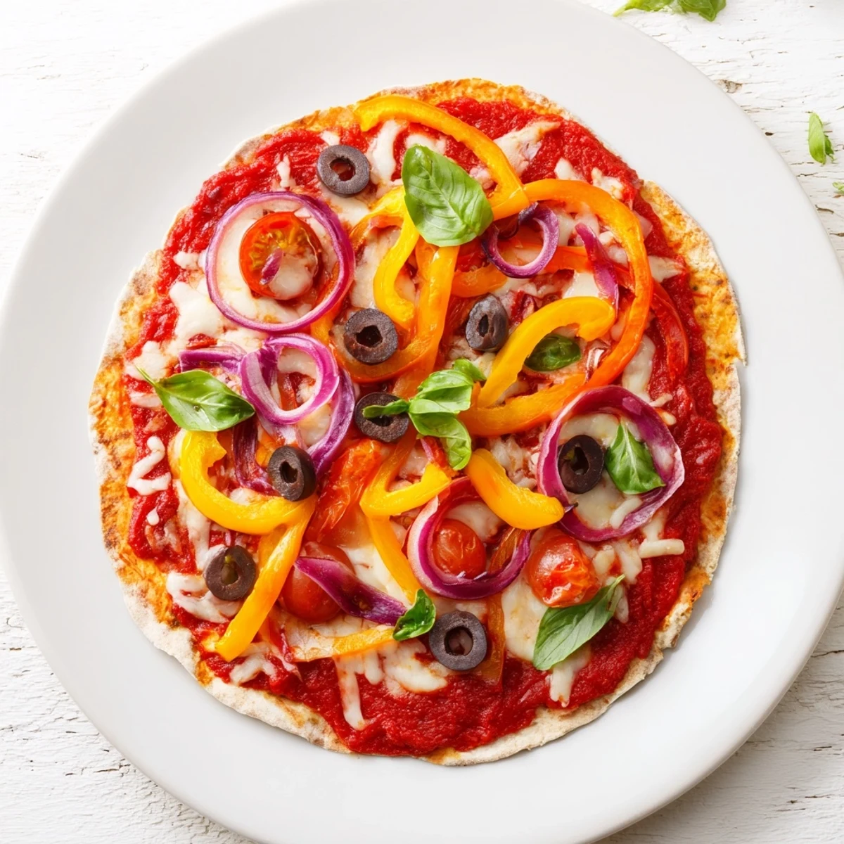 Homemade Tortilla Pizza topped with melted mozzarella and fresh basil, ready to eat.