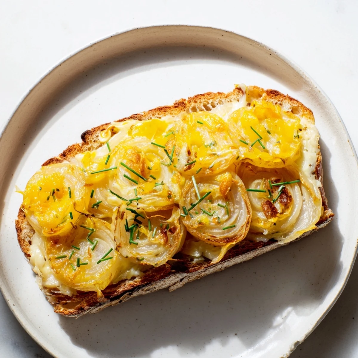 Close-up of a rustic Cheesy Onion Tartine with caramelized onions, Gruyère, and Emmental cheese, ready to eat.