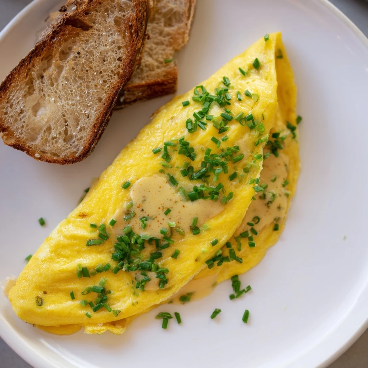 Golden mustard omelette with chives, served with buttered toast, ready for a delicious brunch.