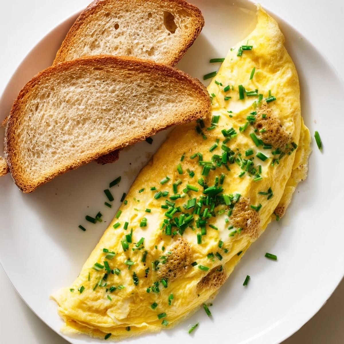 Enjoy a savory breakfast: Warm mustard omelette with fresh herbs alongside crispy, toasted bread.