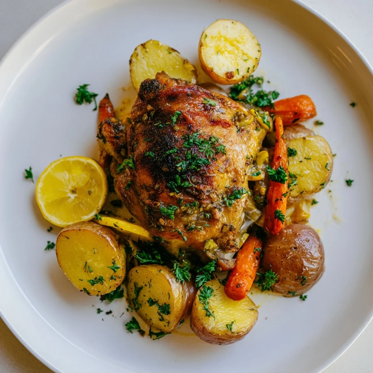 Tender, golden One-Pan Chicken with carrots and potatoes, perfect for a cozy weeknight meal.