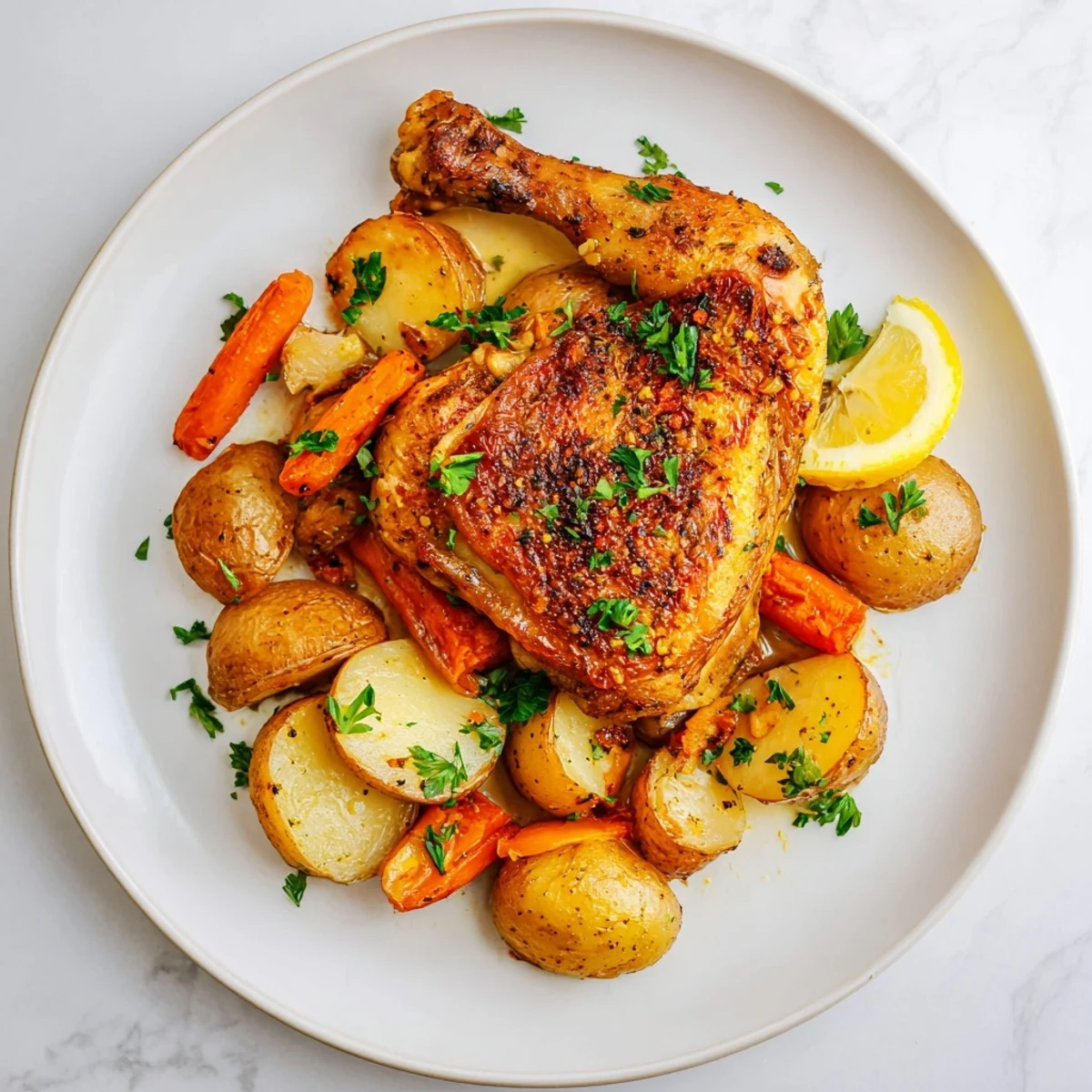 Juicy roasted chicken thighs sit atop vibrant vegetables in this easy one-pan chicken recipe.