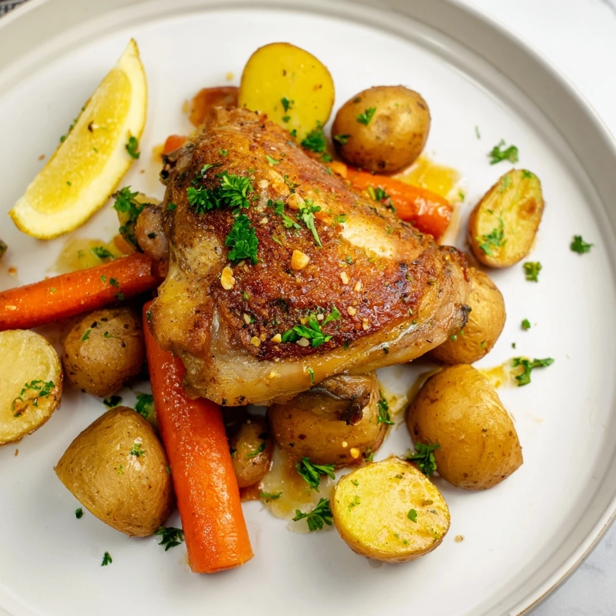 Enjoy a delicious and simple one-pan chicken dinner, complete with carrots and potatoes.