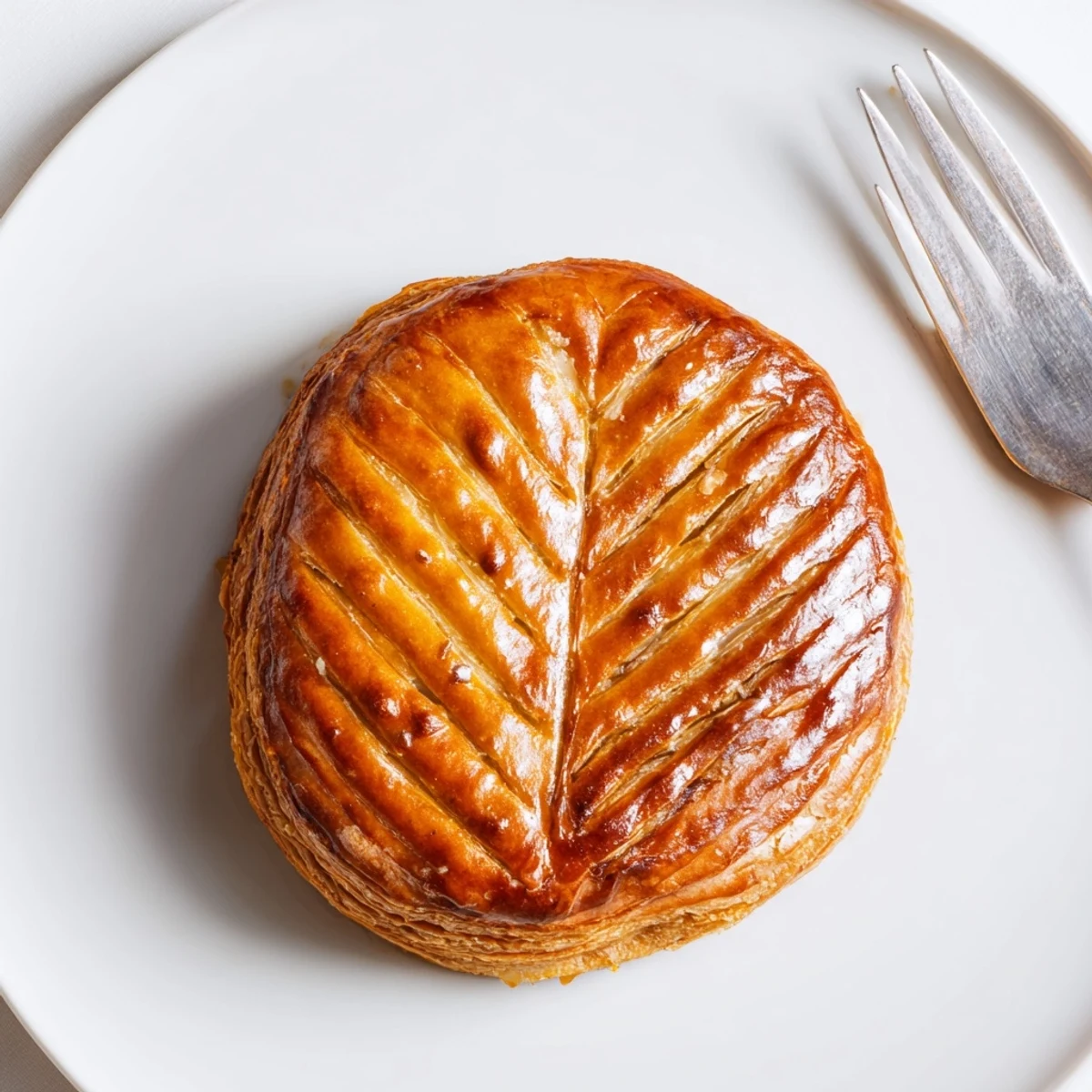 Golden-brown Galette des Rois, flaky pastry filled with almond cream, ready to serve warm.