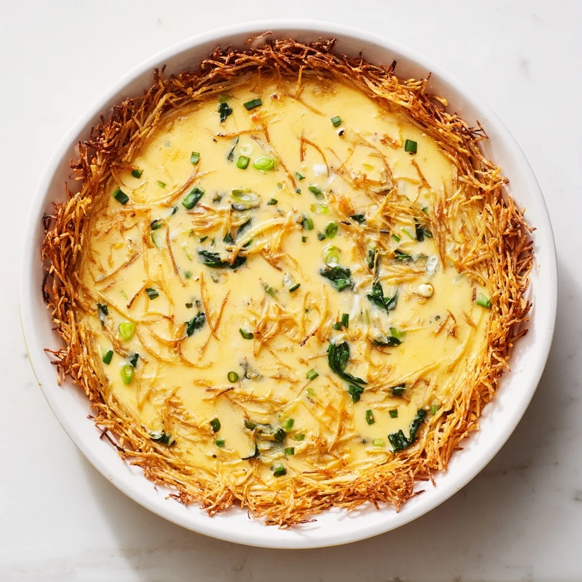 A golden-brown 30-Minute Creamy Potato-Crust Quiche, baked to perfection, ready to serve and enjoy.