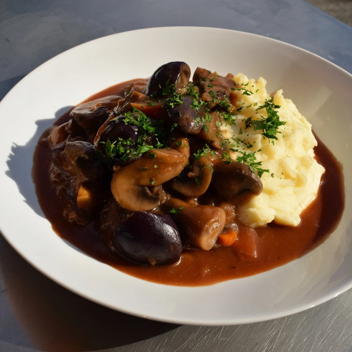 Creamy root vegetable mash topped with flavorful rich mushroom stew, a comforting, gluten-free vegetarian meal.