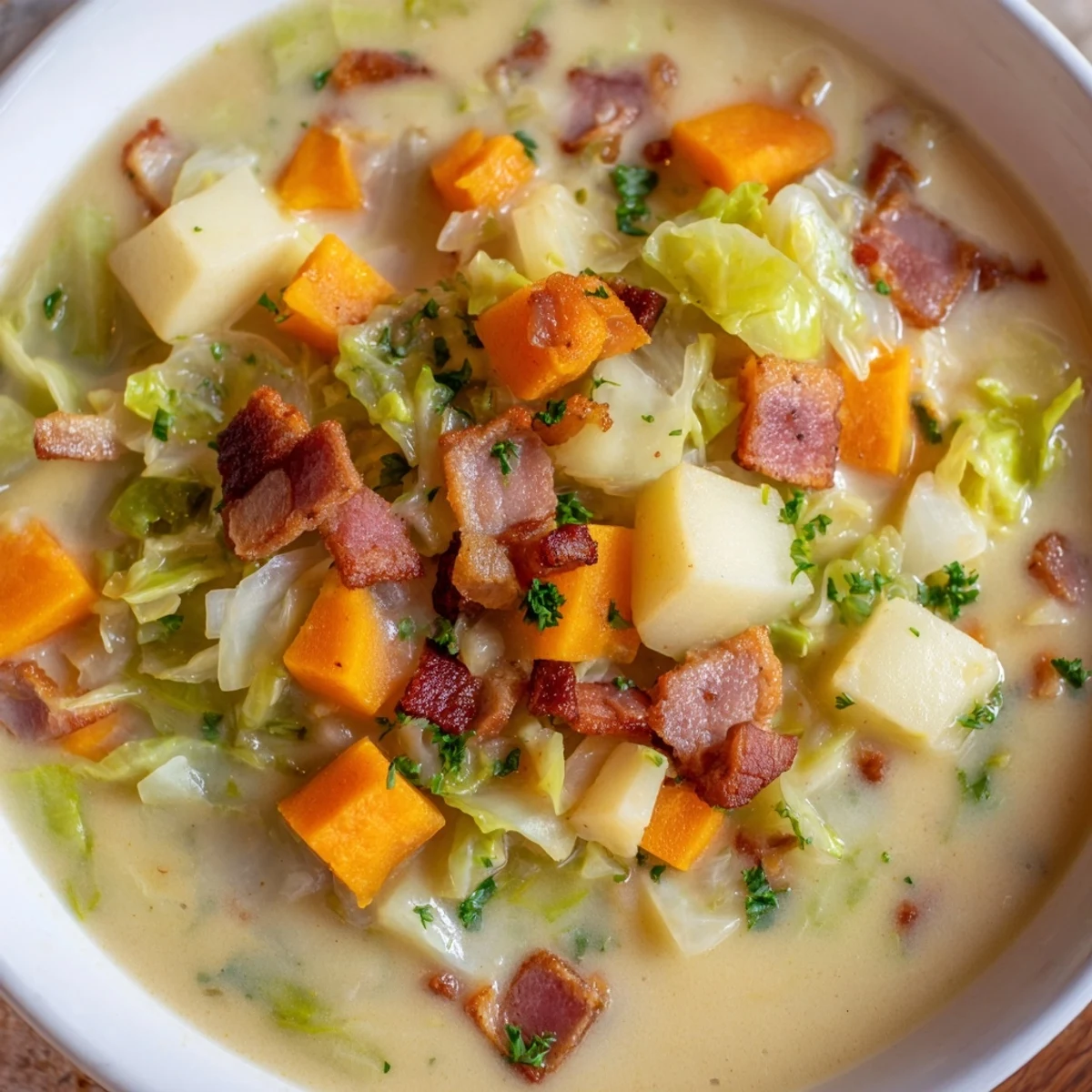 A steaming bowl of Viral Cheesy Cabbage & Bacon Soup, garnished with fresh parsley, looks comforting.